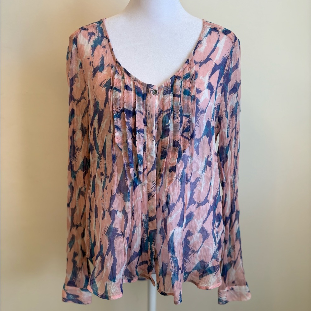 Maeve for Anthropologie Pink Blue Silk Sheer Abstract Blouse Size 10 - Picture 3 of 15